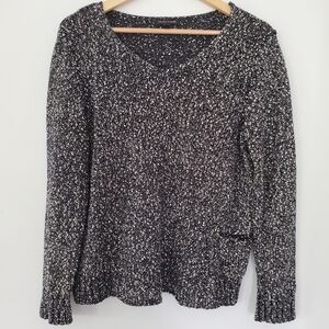 EILEEN FISHER M Tweed Knit LS Sweater Black White Italian Cotton Yarn Casual